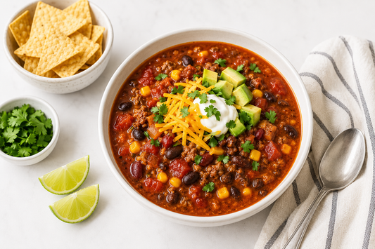 Easy taco soup topped with cheese, avocado, sour cream, and tortilla chips in a rustic bowl.