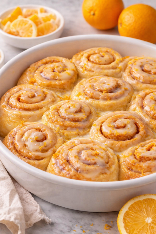 Homemade orange rolls fresh from the oven with icing