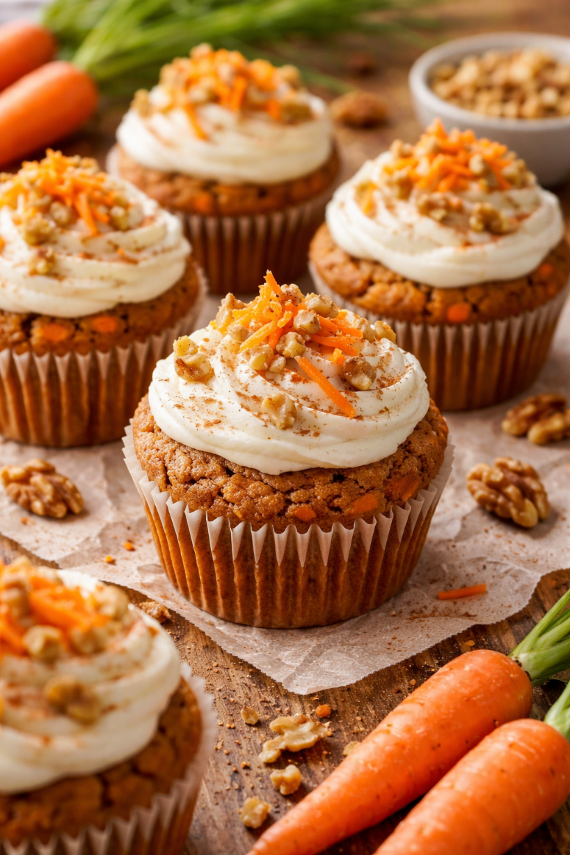 Ingredients for carrot cake muffins arranged on a kitchen counter