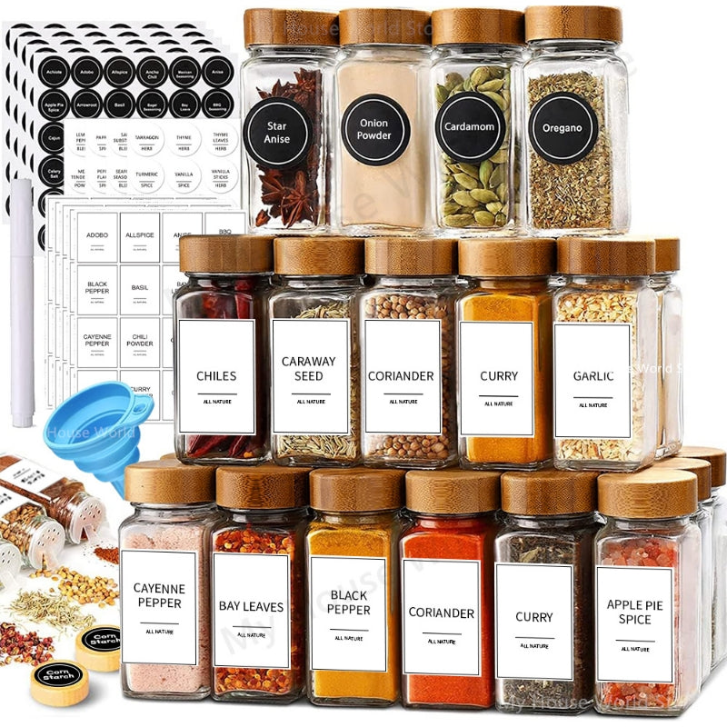 Glass spice jars with bamboo lids 13 piece set for kitchen storage