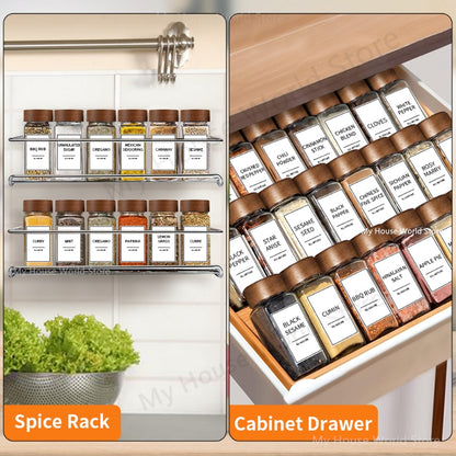 Clear glass spice jars organized in modern kitchen spice rack