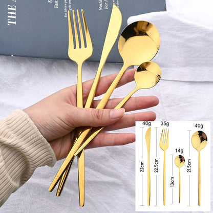 24Pcs Black Handle Gold Cutlery Set – Stainless Steel Knife, Fork & Spoon Tableware Set