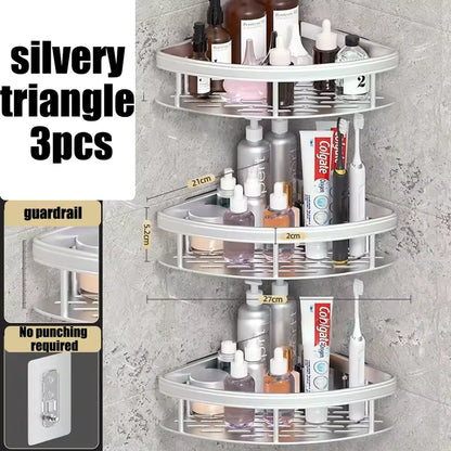 modern bathroom storage shelf mounted without drilling”