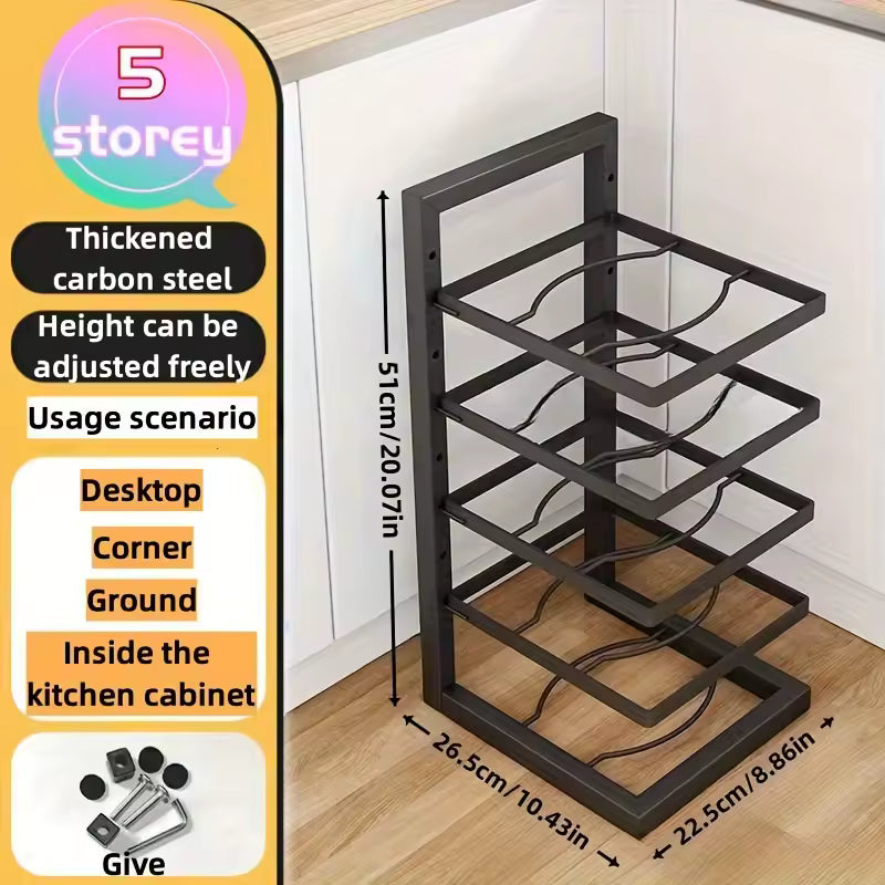 Expandable kitchen pot and pan storage rack made of stainless steel for cabinet organization and countertop display