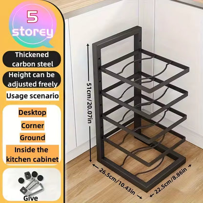 Expandable kitchen pot and pan storage rack made of stainless steel for cabinet organization and countertop display