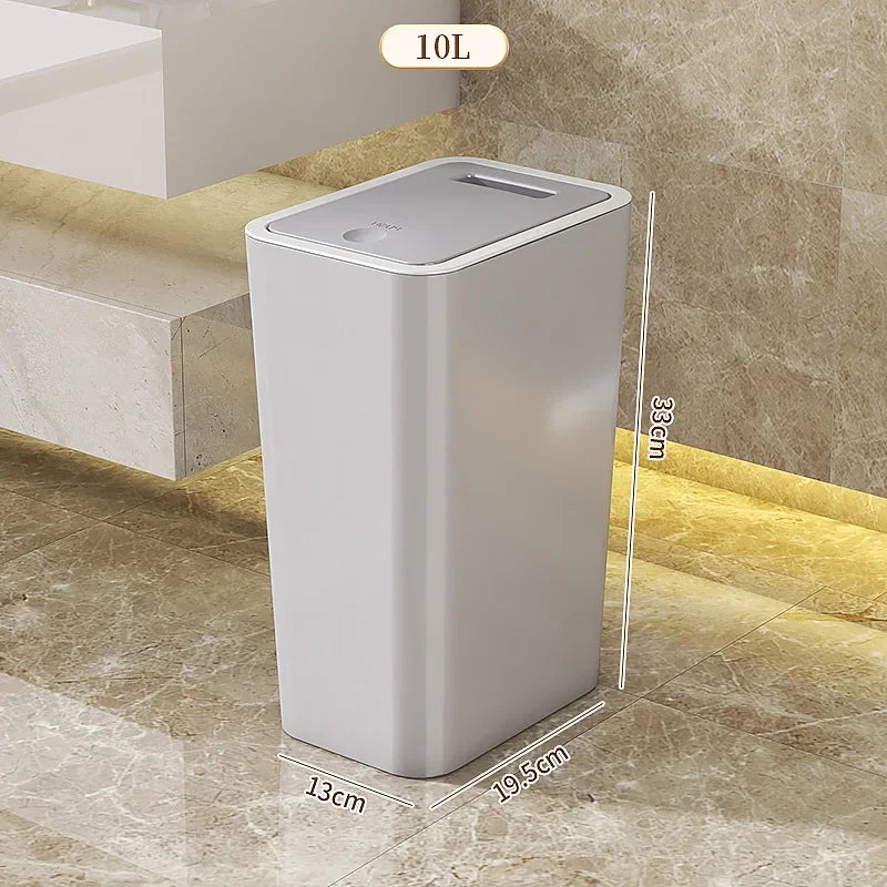 Modern space saving trash can used in kitchen setting