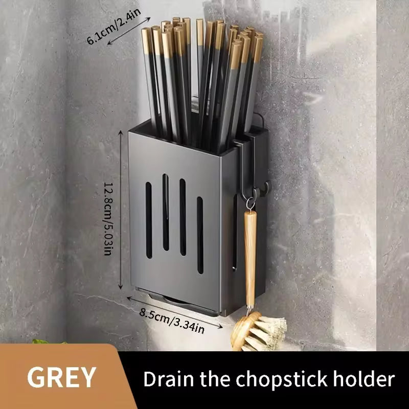 Kitchen Wall Mounted Chopstick Holder Rack – Punch-Free Cutlery Organizer with Drain Tray & Hooks