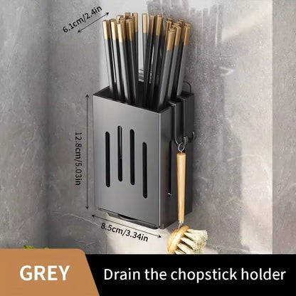 Kitchen Wall Mounted Chopstick Holder Rack – Punch-Free Cutlery Organizer with Drain Tray & Hooks