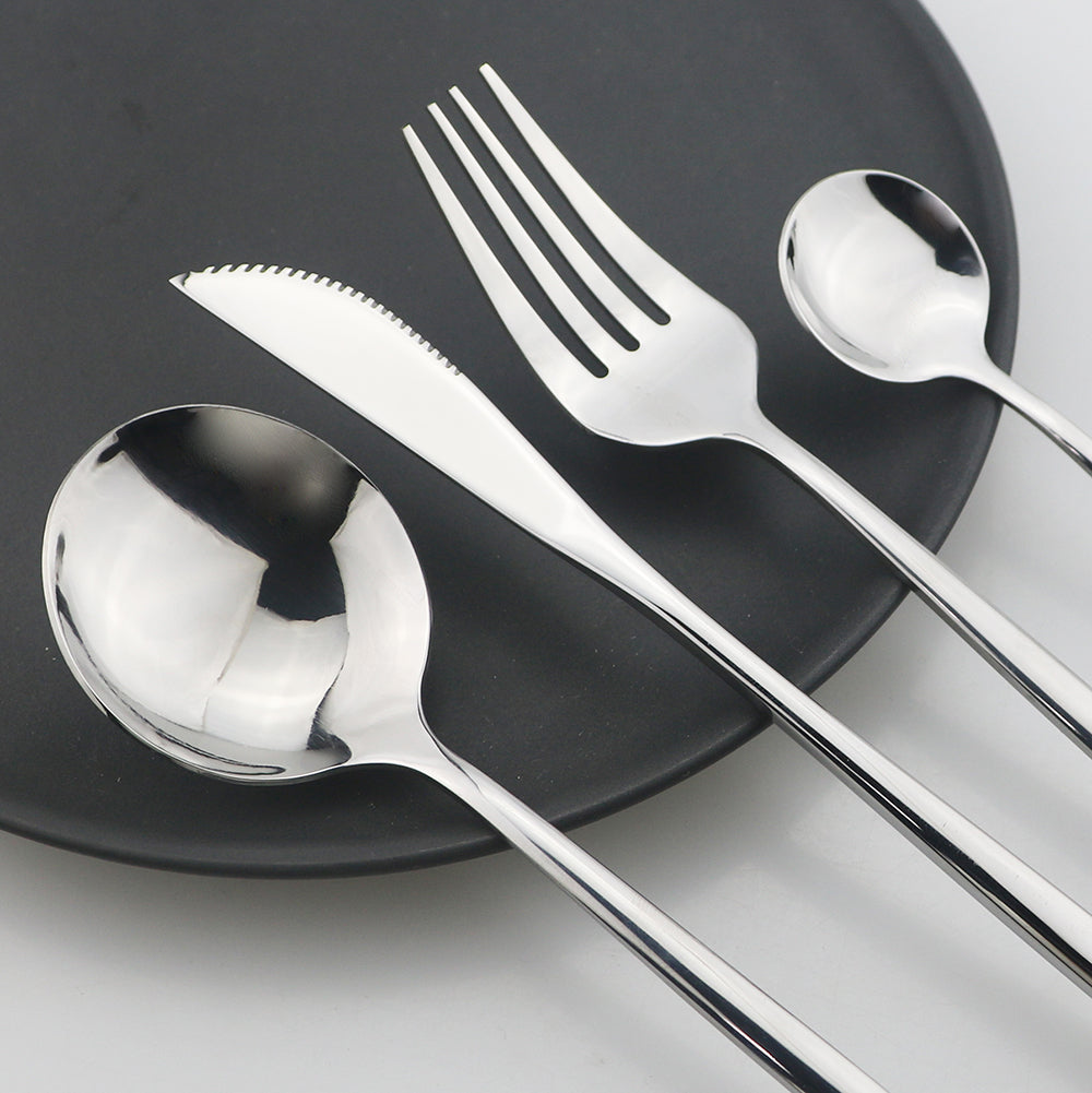 24Pcs Black Handle Gold Cutlery Set – Stainless Steel Knife, Fork & Spoon Tableware Set