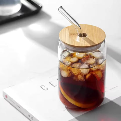 reusable glass cup with bamboo lid and straw