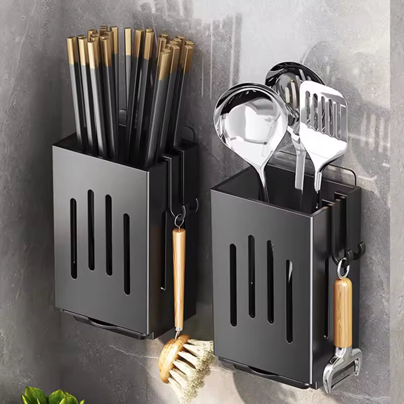 Kitchen Wall Mounted Chopstick Holder Rack – Punch-Free Cutlery Organizer with Drain Tray & Hooks