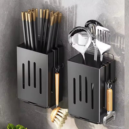 Kitchen Wall Mounted Chopstick Holder Rack – Punch-Free Cutlery Organizer with Drain Tray & Hooks