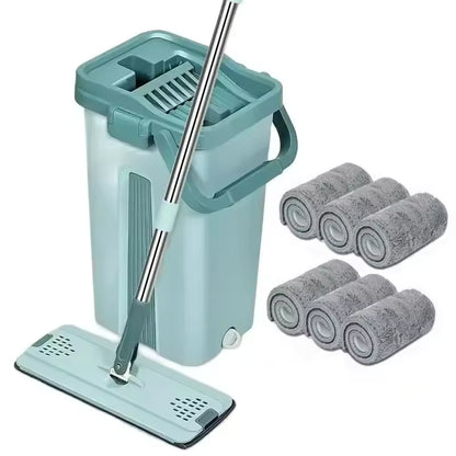 household flat squeeze mop with bucket easy wringer floor cleaning tool”