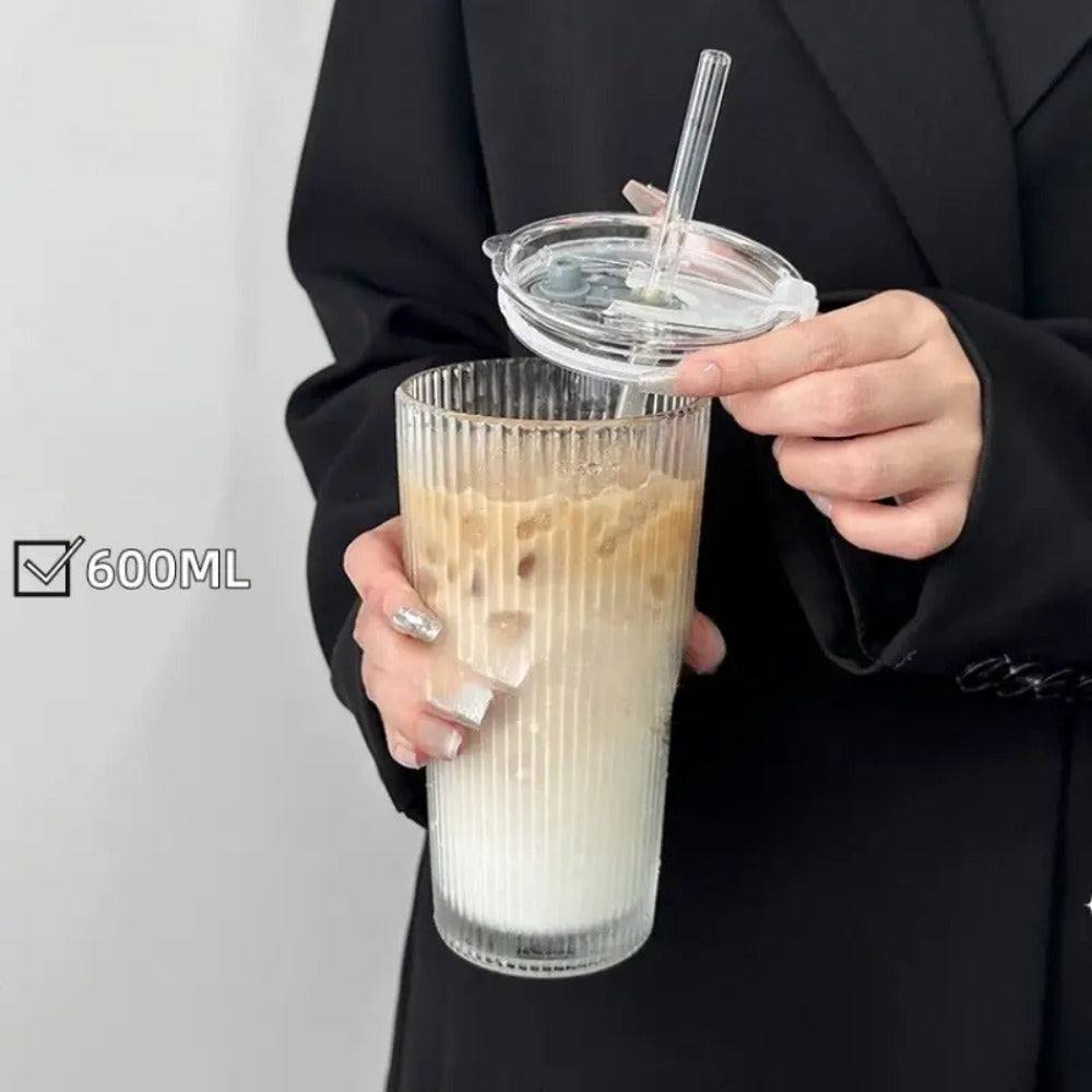 reusable glass tumbler with bamboo lid and straw