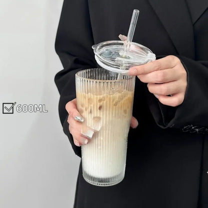 reusable glass tumbler with bamboo lid and straw