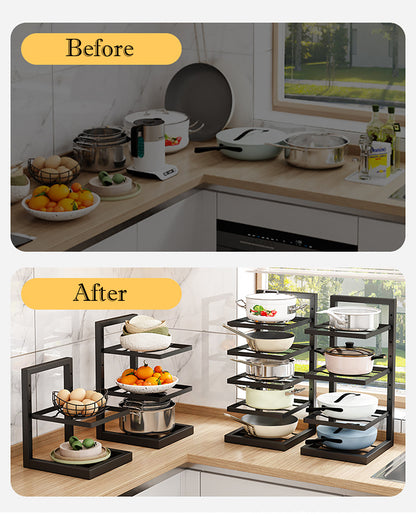pot rack ,Adjustable Stainless Steel Pot Rack Organizer – Multi-Layer Kitchen Pot & Pan Storage Rack for Cabinet or Countertop, Heavy-Duty Space-Saving Cookware Organizer