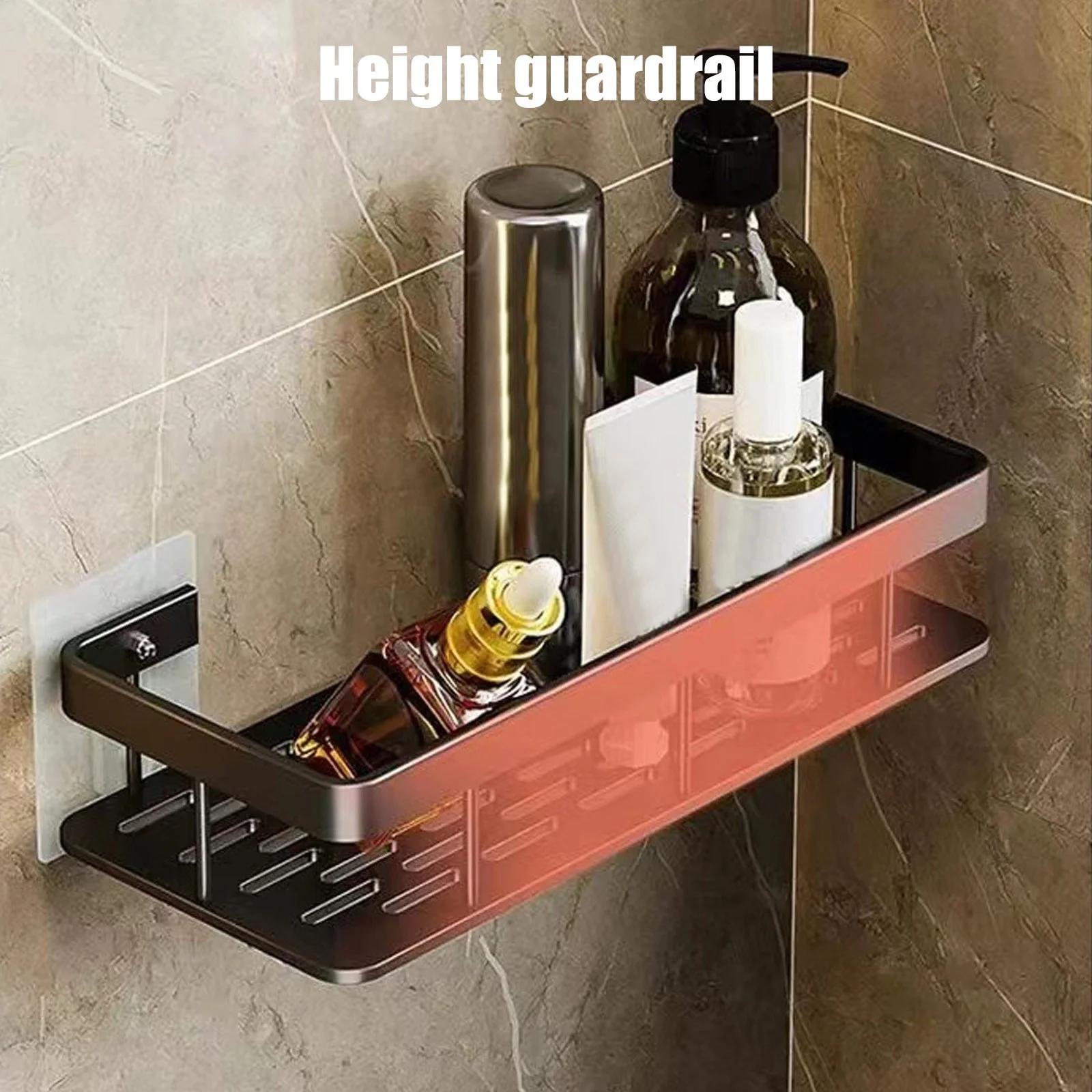 Space-saving no drill shower shelf for bathroom and kitchen use. Strong adhesive design for storing shampoo, makeup, and daily essentials.”