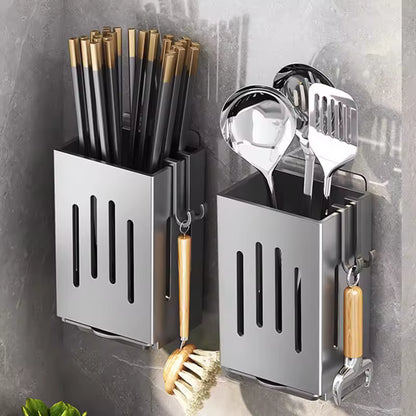 Kitchen Wall Mounted Chopstick Holder Rack – Punch-Free Cutlery Organizer with Drain Tray & Hooks
