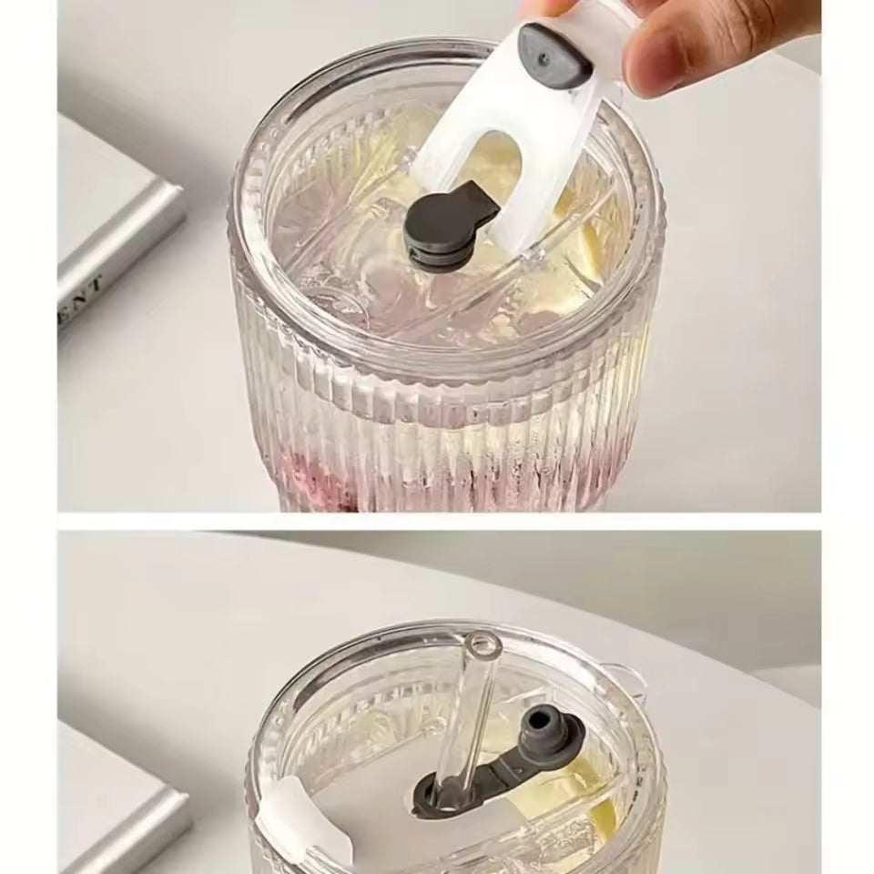 striped glass cup with lid and straw for iced coffee