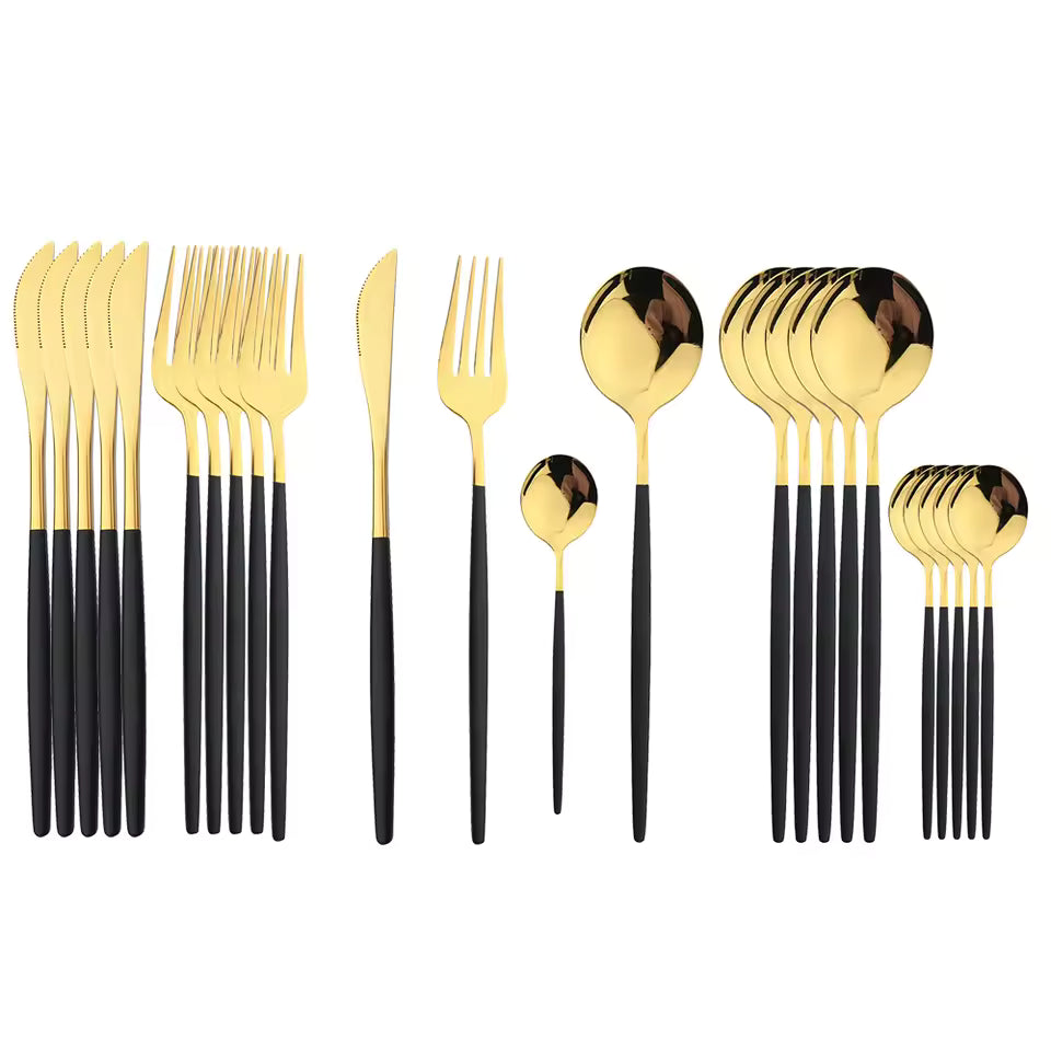 24Pcs Black Handle Gold Cutlery Set – Stainless Steel Knife, Fork & Spoon Tableware Set