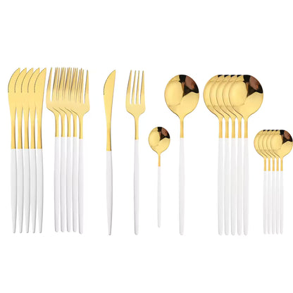 24Pcs Black Handle Gold Cutlery Set – Stainless Steel Knife, Fork & Spoon Tableware Set