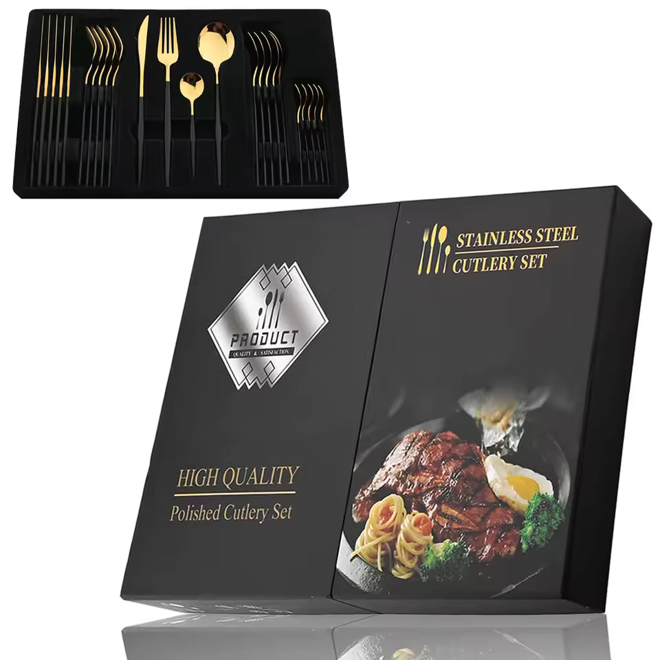 24Pcs Black Handle Gold Cutlery Set – Stainless Steel Knife, Fork & Spoon Tableware Set