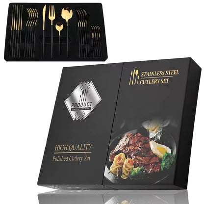 24Pcs Black Handle Gold Cutlery Set – Stainless Steel Knife, Fork & Spoon Tableware Set
