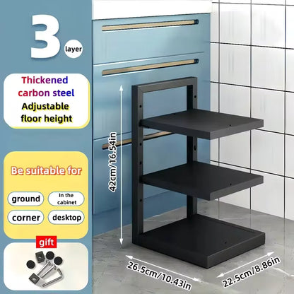 Expandable kitchen pot and pan storage rack made of stainless steel for cabinet organization and countertop display