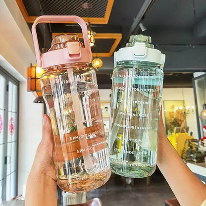 Hydration tracker bottle with time markings for daily water intake