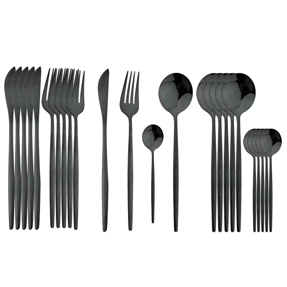 24Pcs Black Handle Gold Cutlery Set – Stainless Steel Knife, Fork & Spoon Tableware Set