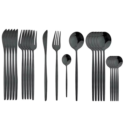 24Pcs Black Handle Gold Cutlery Set – Stainless Steel Knife, Fork & Spoon Tableware Set