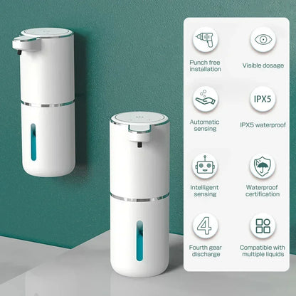 Smart USB rechargeable foam soap dispenser with 380ml capacity and infrared sensor for contact-free hand cleaning