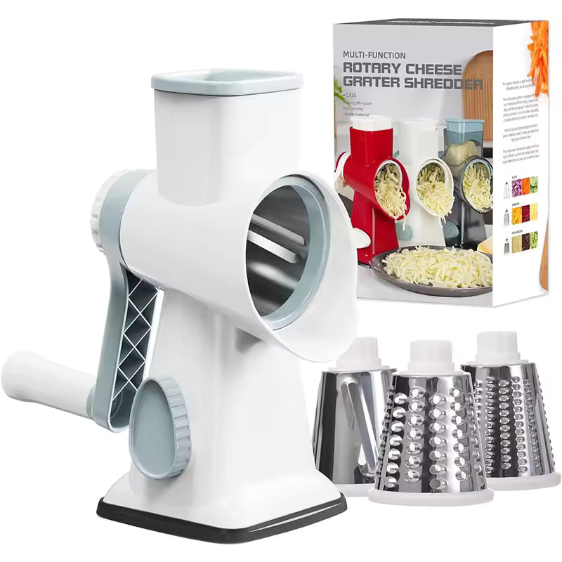 3-in-1 rotary cheese grater and vegetable slicer with manual hand crank for grating cheese, slicing vegetables, and grinding nuts