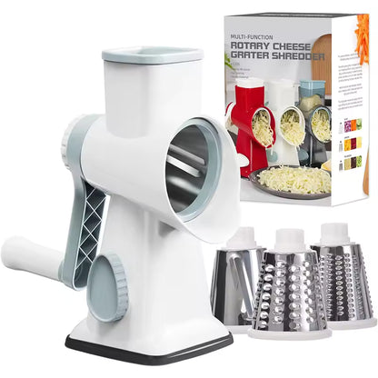 3-in-1 rotary cheese grater and vegetable slicer with manual hand crank for grating cheese, slicing vegetables, and grinding nuts