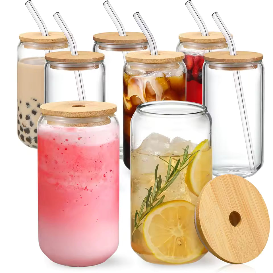glass cups with bamboo lids for iced coffee