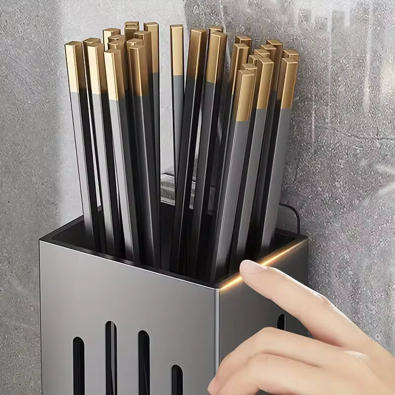 Wall mounted chopstick holder rack with drain tray and hooks for kitchen storage