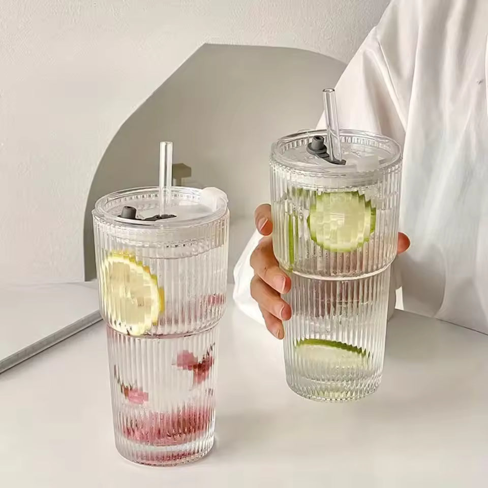 striped glass cup with lid and straw for iced coffee