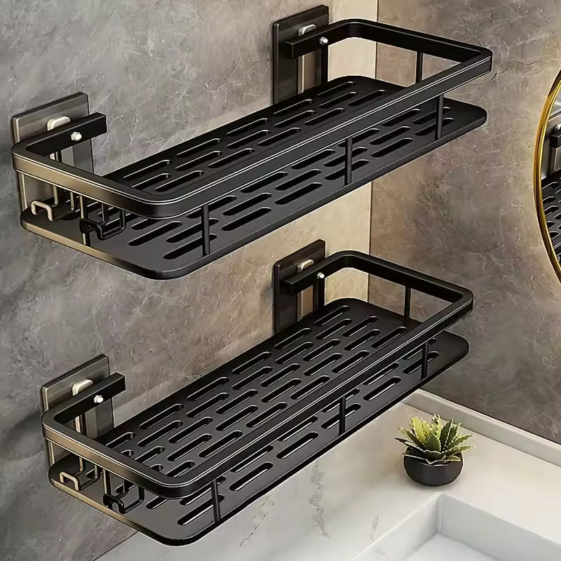 Durable wall mounted storage shelf with no drilling required. Perfect for bathroom shower, kitchen storage, and makeup organization.”