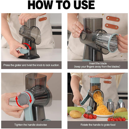 3-in-1 Rotary Cheese Grater & Vegetable Slicer | Manual Nut & Peanut Grinder Kitchen Tool