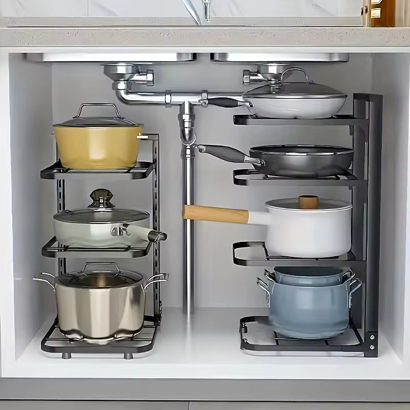 Stainless steel kitchen organizer rack for pots, pans, and lids with adjustable shelves and modern design