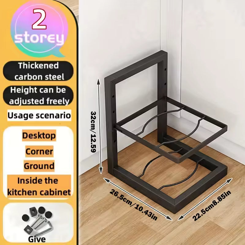 Adjustable stainless steel pot rack organizer with multi-layer shelves for pots and pans storage in kitchen cabinet or countertop