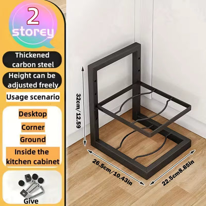 Adjustable stainless steel pot rack organizer with multi-layer shelves for pots and pans storage in kitchen cabinet or countertop