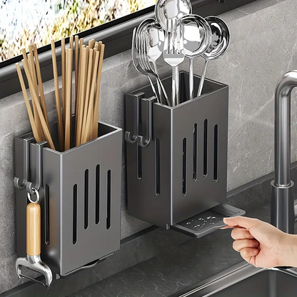 Kitchen Wall Mounted Chopstick Holder Rack – Punch-Free Cutlery Organizer with Drain Tray & Hooks