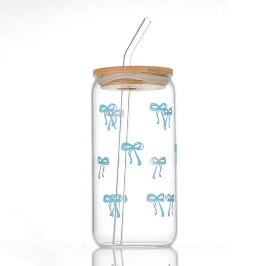 500ml pink bow cute glass cup with lid and straw for iced coffee